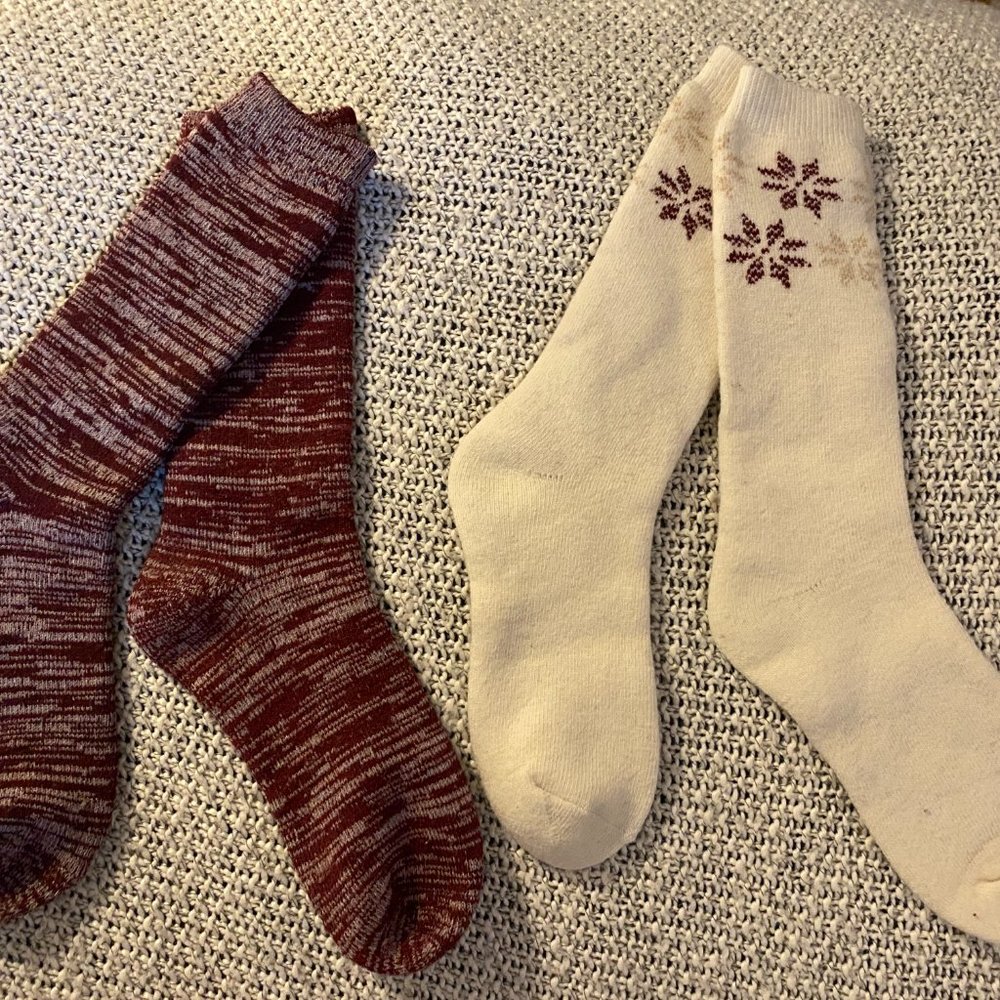 NWOT Winter Wool Socks (2-Pairs) - Red striped and cream/white with snowflakes